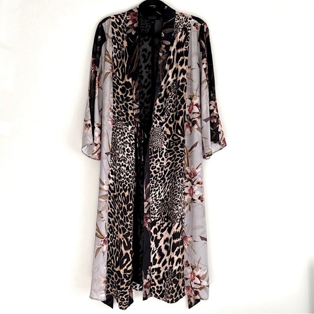 ALL SAINTS ELSA KUROYURI LEOPARD FLORAL KIMONO SLEEVE MIDI WRAP DRESS Gray 8 - Picture 8 of 15